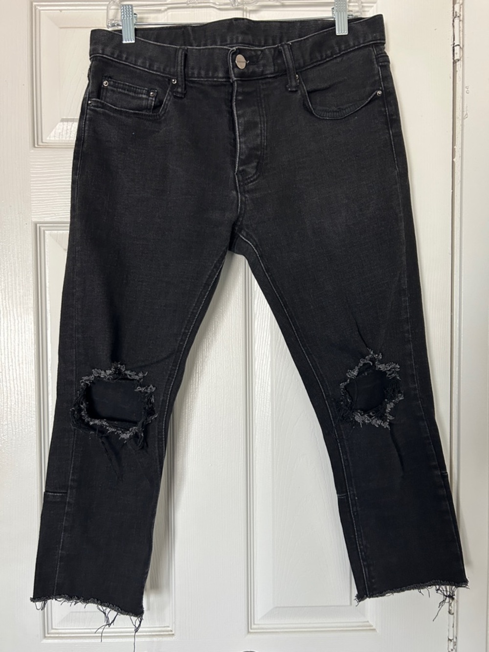 MNML Black distressed button fly cropped jeans